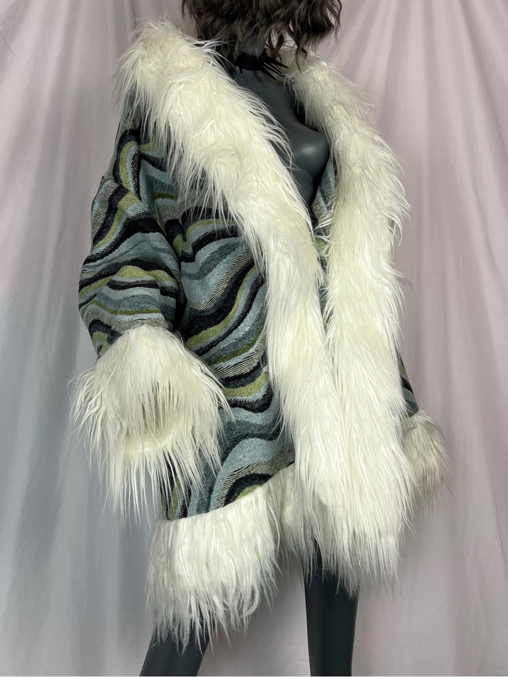 Urban Outfitters Blue, Green & White Wavvy Print Faux Fur Penny Lane Overcoat